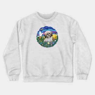 "Sunrise Garden" with a Cream and Brown Shih Tzu Crewneck Sweatshirt